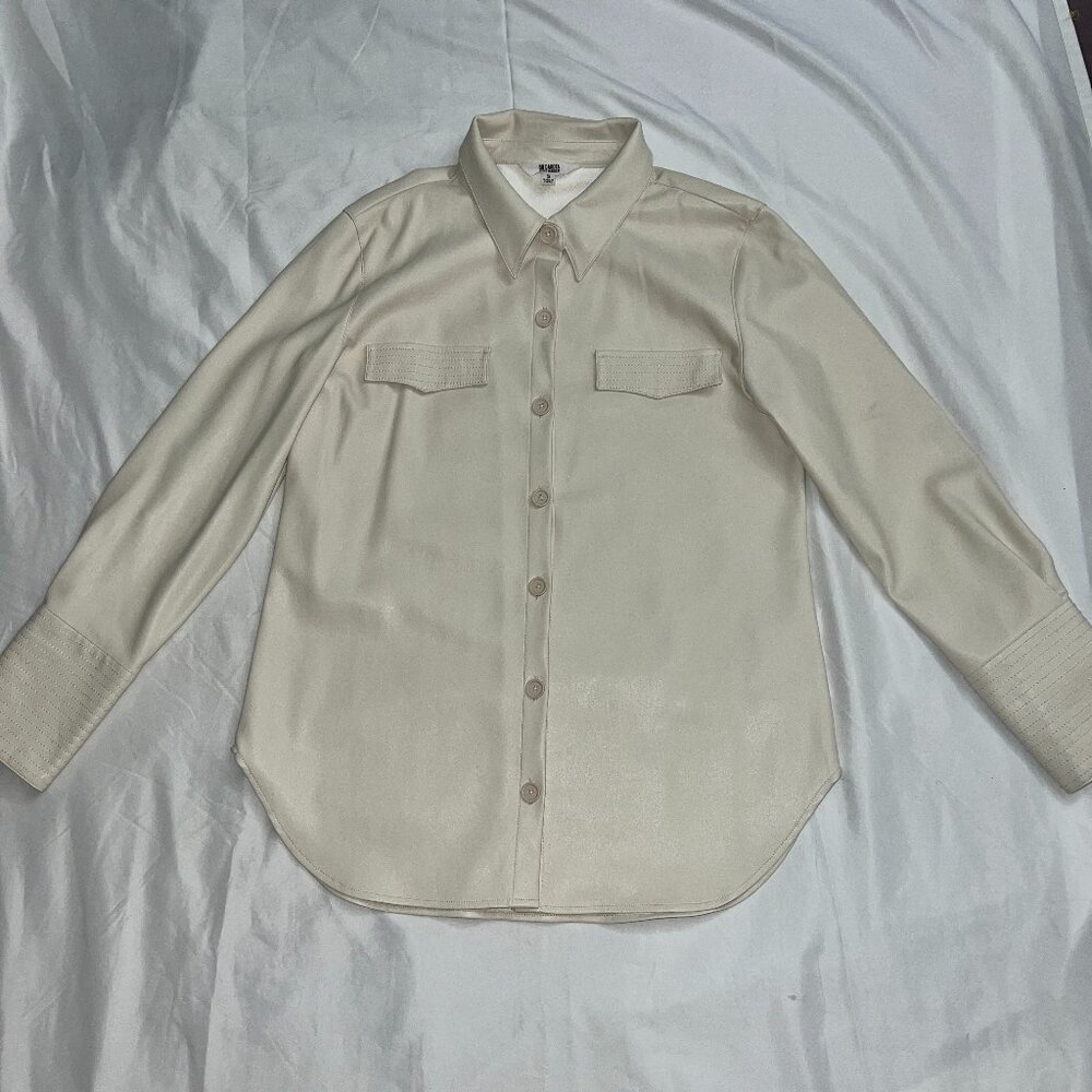 Faux Leather Button-Up Shirt Oatmeal /Cream Small - Picture 4 of 7